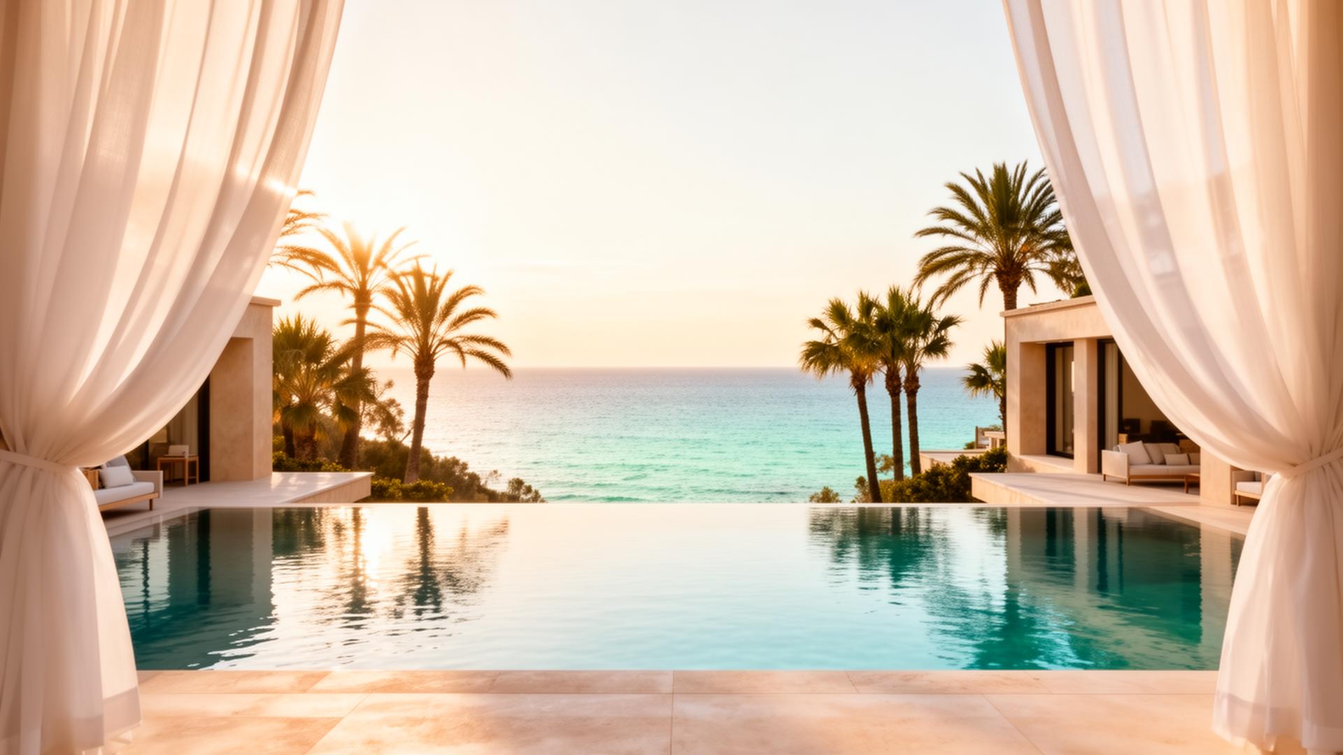 Luxuriöser Mallorca-Pool mit fließenden Vorhängen bei goldener Stunde